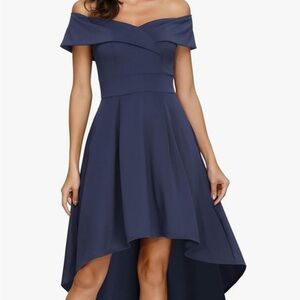 Off-Shoulder High Low Dress in Navy
